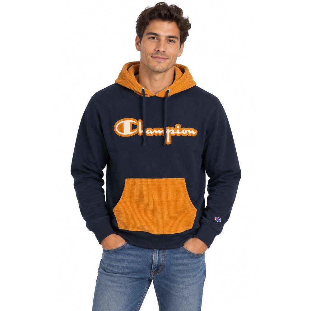 Champion Reverse Weave Hoodie Navy Orange Corduroy Logo S4448 Mens Small